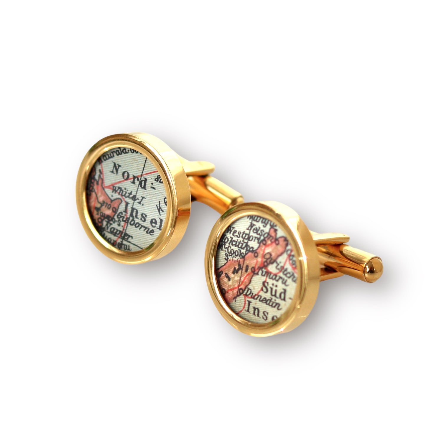 Manschettenknöpfe mit Lieblingsorten aus Landkarten im Typewriter Gold Design