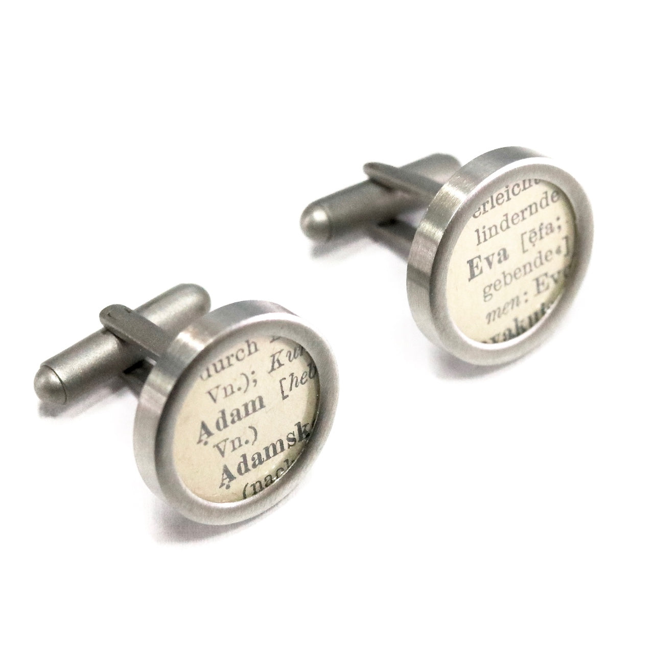 Manschettenknöpfe "Adam und Eva" aus Wörterbuch, Edelstahl, matt poliert, im Typewriter Design