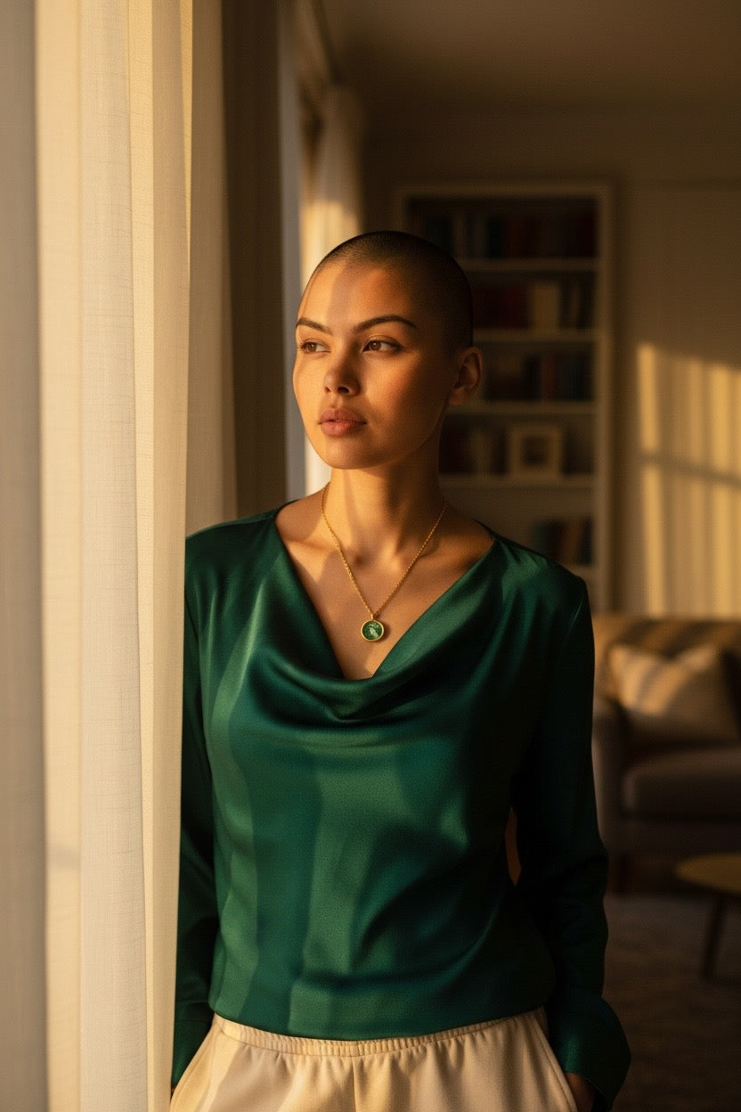 Kleine Medaillonkette mit Queen Elizabeth Briefmarke Grün im Typewriter Gold Design