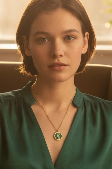 Kleine Medaillonkette mit Queen Elizabeth Briefmarke Grün im Typewriter Gold Design