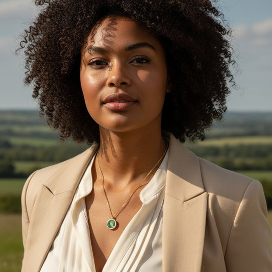 Kleine Medaillonkette mit Queen Elizabeth Briefmarke Grün im Typewriter Gold Design