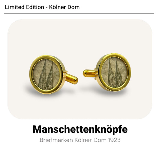 Manschettenknöpfe mit Kölner Dom Briefmarken von 1923 im Typewriter Gold Design - Limitiert