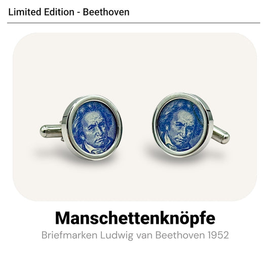 Manschettenknöpfe mit blauen Beethoven Briefmarken im Typewriter Design - Limitiert