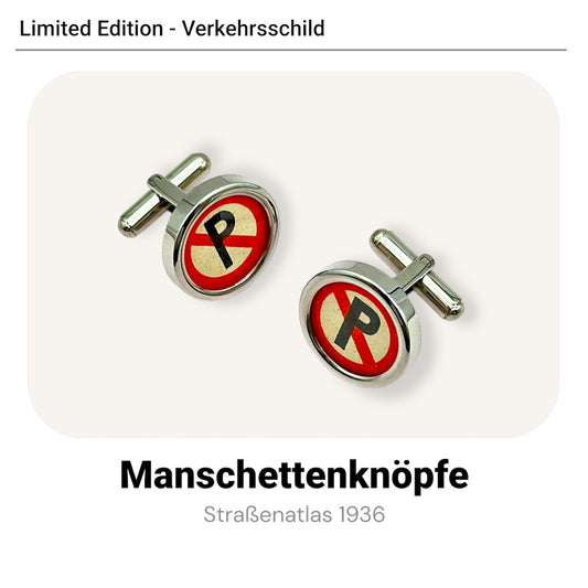 Manschettenknöpfe mit Parkverbot aus historischem Autoatlas aus den 1930er Jahren. Einzelstück