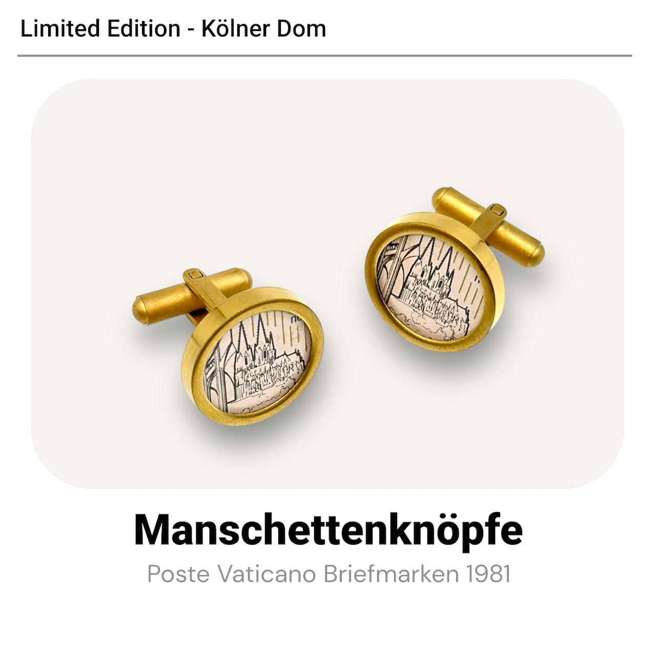 Manschettenknöpfe mit Kölner Dom Briefmarken 1981 Vaticano im Typewriter Gold Design - Limitiert