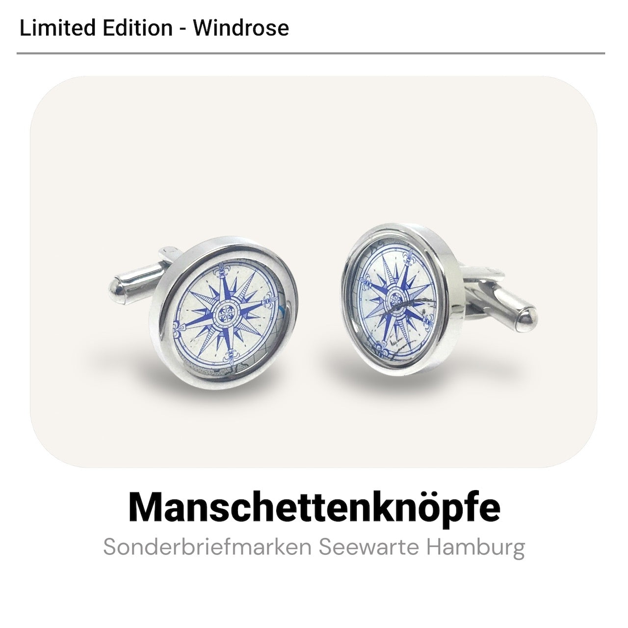 Manschettenknöpfe mit Windrose Seewarte Hamburg Briefmarken im Typewriter Design - Limitiert