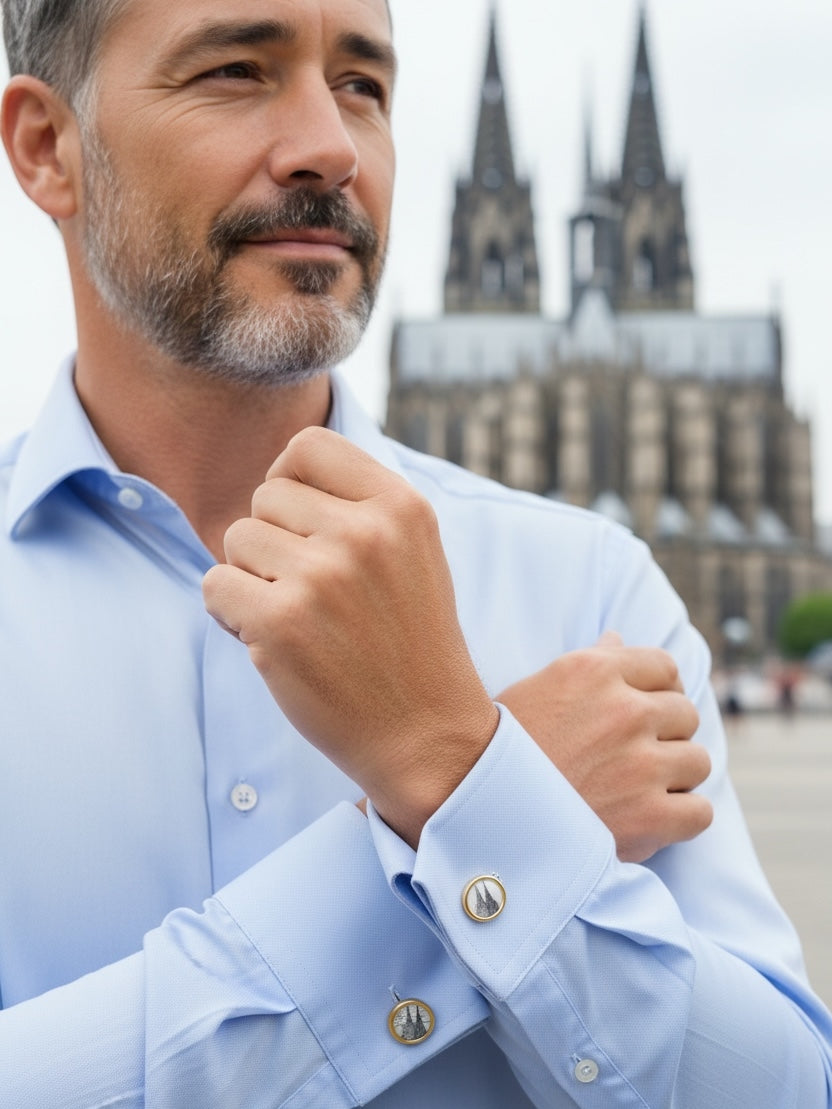 Manschettenknöpfe mit schwarz-weissen Kölner Dom Briefmarken im Typewriter Gold Design