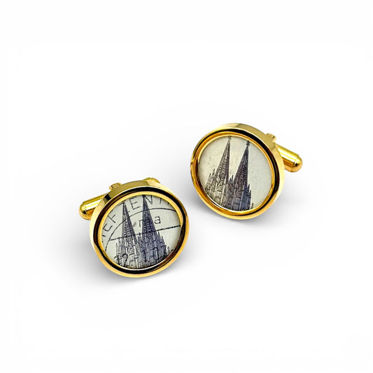 Manschettenknöpfe mit schwarz-weissen Kölner Dom Briefmarken im Typewriter Gold Design