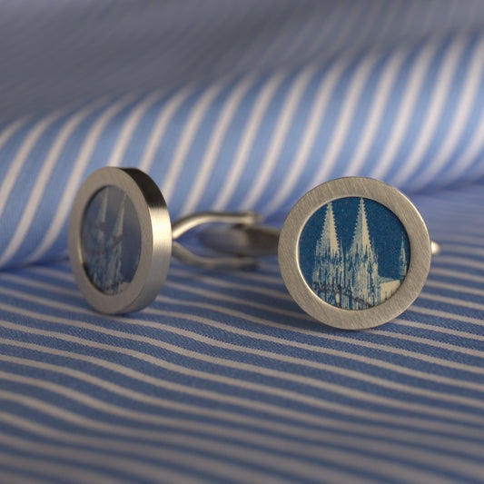 Manschettenknöpfe mit blauen Kölner Dom Briefmarken im Classic Design